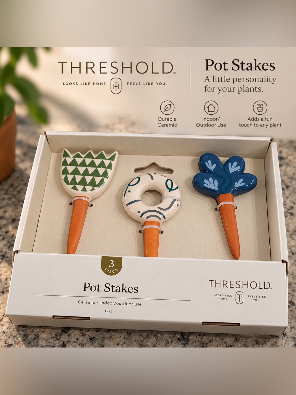 Threshold Ceramic Blue Green Orange Pot Stakes - 3 Piece Set